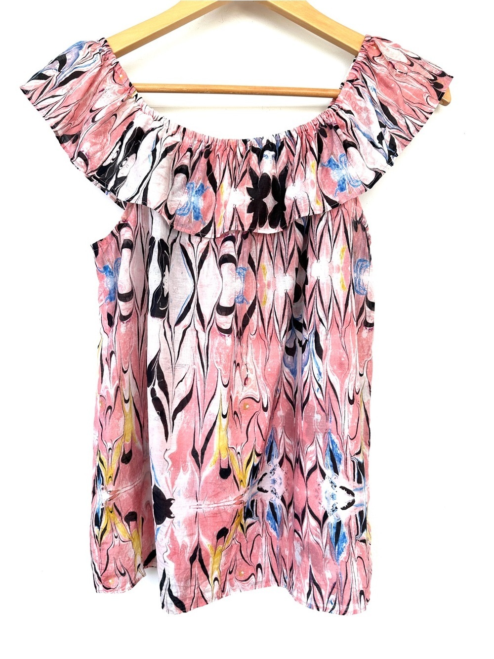 J. Crew Pink Ruffle Top with Multicolor Marble Print, Sleeveless, Silk & Cotton